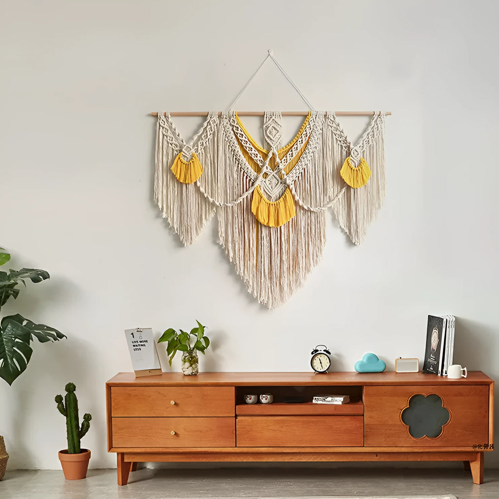 Nordic style creamy white cotton woven tapestry wall hanging 120x95cm rectangle