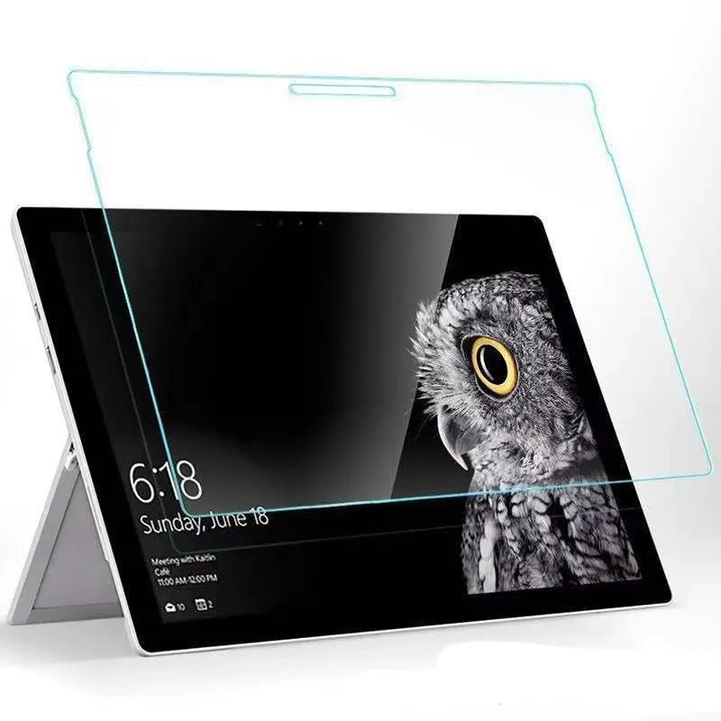 Tempered glass screen protector for Microsoft Surface tablet with straight edge.