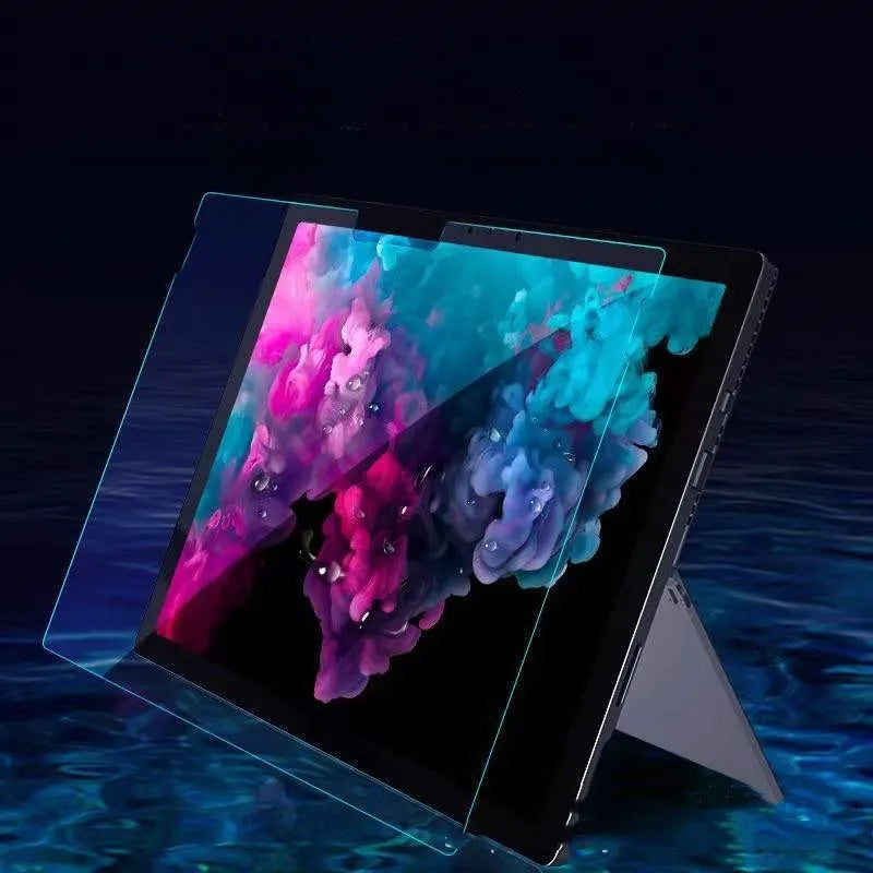 Tempered glass screen protector for Microsoft Surface tablet with straight edge.
