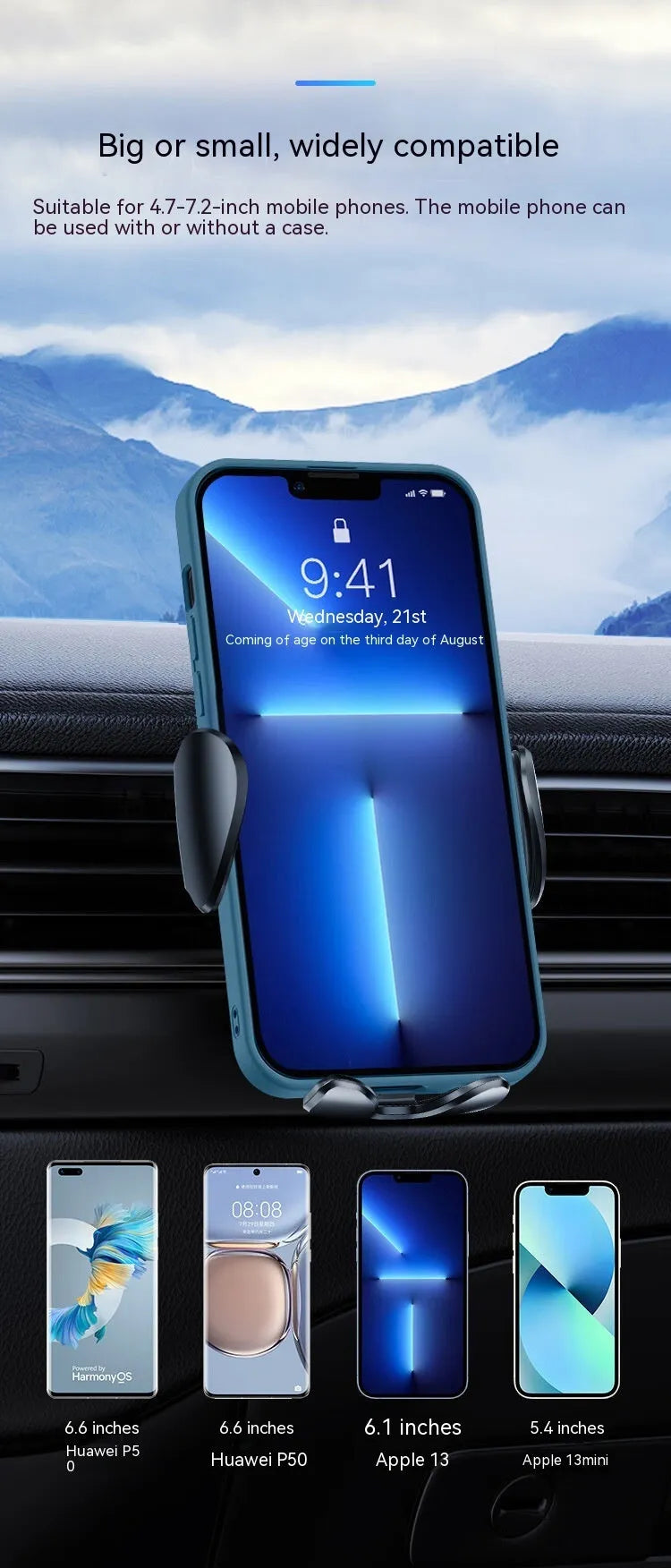 Black universal car air vent mobile phone bracket with mechanical support frame