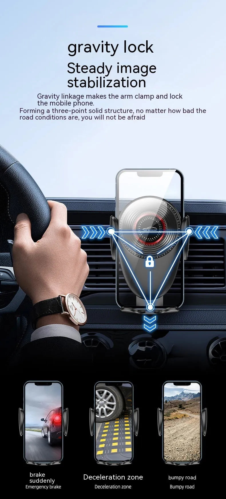 Black universal car air vent mobile phone bracket with mechanical support frame
