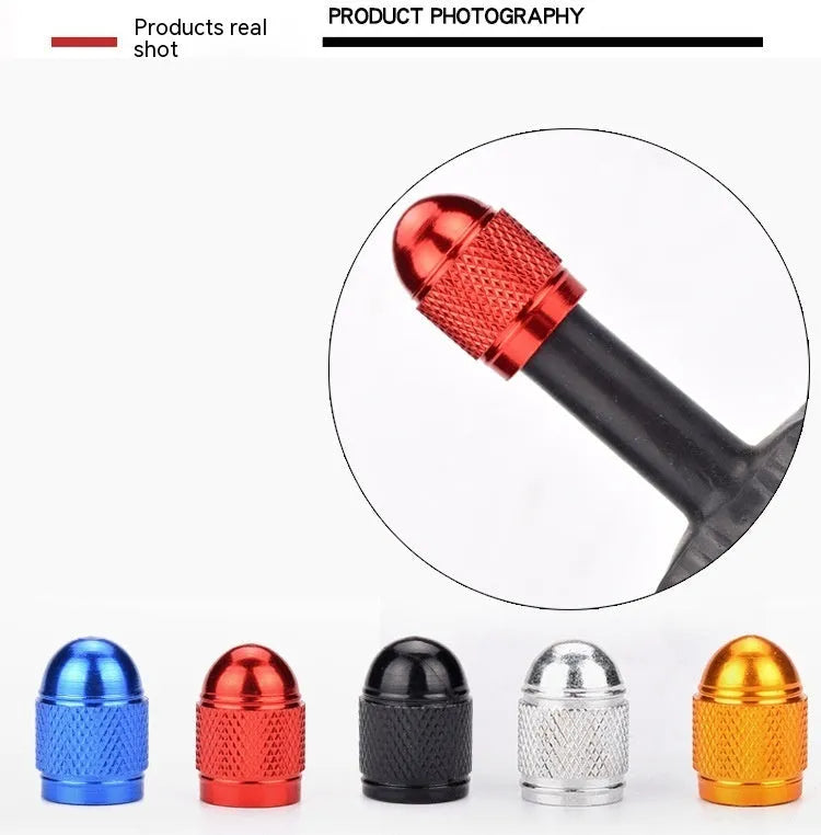 Aluminium mountain bike tyre valve caps in black, blue, gold, red and silver colours