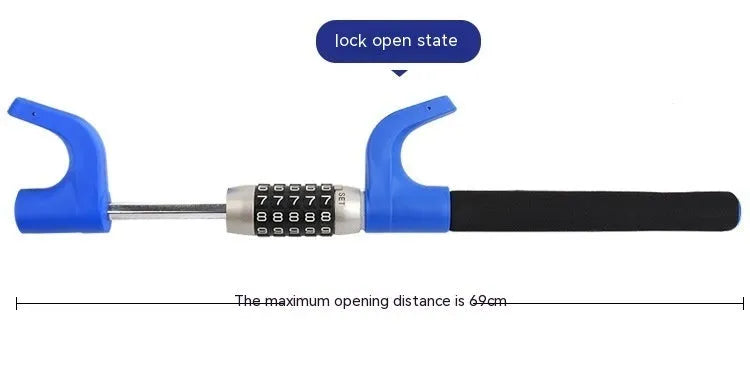 Car steering wheel anti-theft U-lock in alloy steel with password dial, shown in black colour option