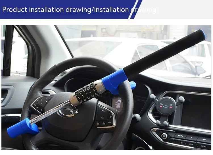 Car steering wheel anti-theft U-lock in alloy steel with password dial, shown in black colour option