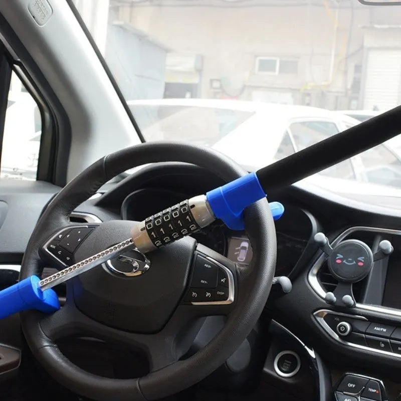 Car steering wheel anti-theft U-lock in alloy steel with password dial, shown in black colour option