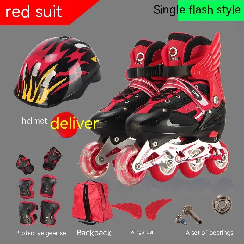 Children's adjustable PU inline skates in yellow with aluminium frame, helmet, protective pads, and backpack.