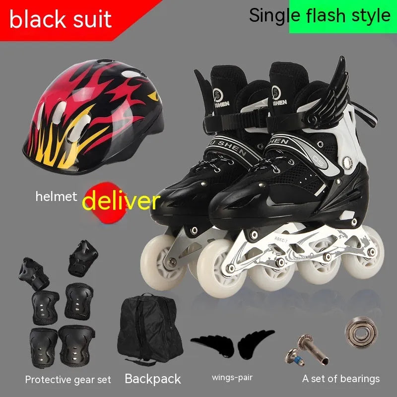 Children's adjustable PU inline skates in yellow with aluminium frame, helmet, protective pads, and backpack.