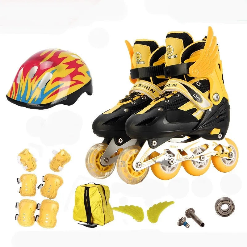 Children's adjustable PU inline skates in yellow with aluminium frame, helmet, protective pads, and backpack.