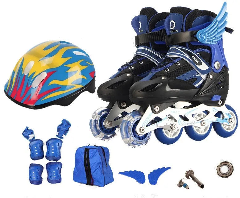Children's adjustable PU inline skates in yellow with aluminium frame, helmet, protective pads, and backpack.