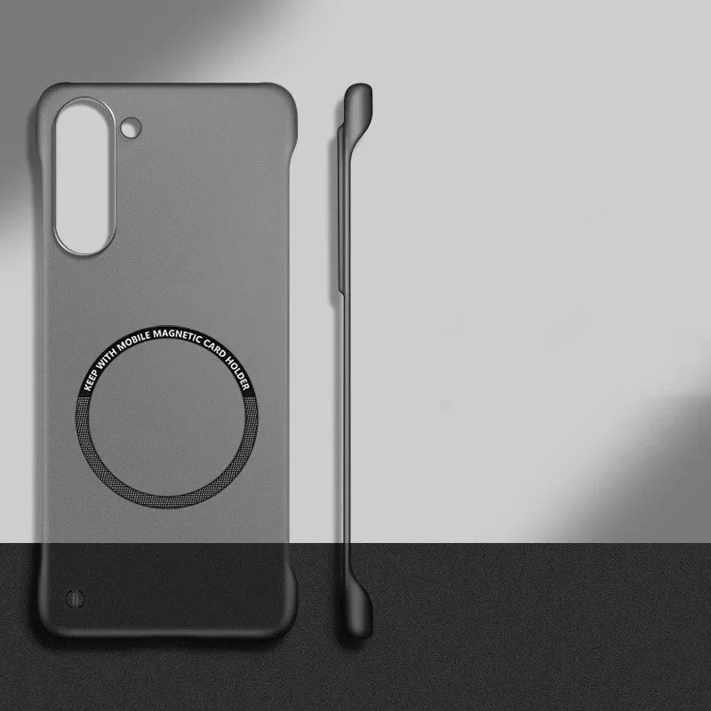 Translucent magnetic suction frameless phone case for Samsung Galaxy, acrylic back, anti-fall protection, black colour