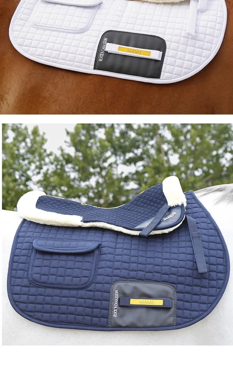 Equestrian wool saddle pad for shock absorption in black, navy blue, white or wine red
