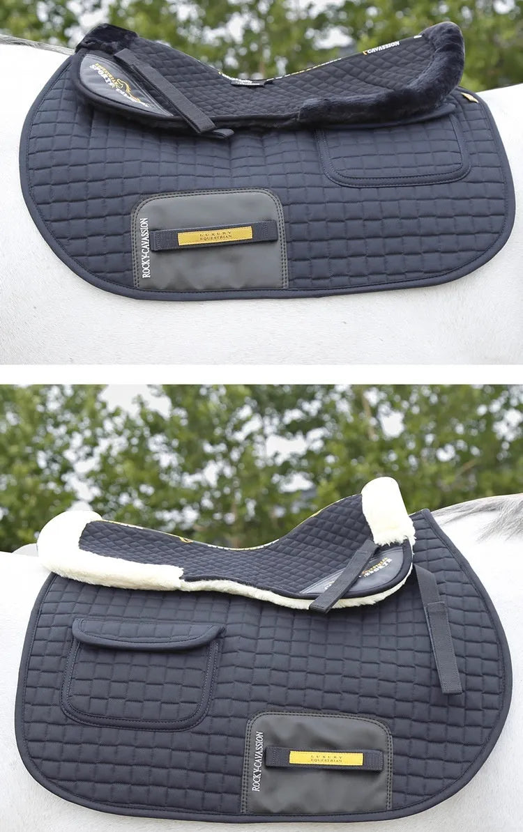 Equestrian wool saddle pad for shock absorption in black, navy blue, white or wine red