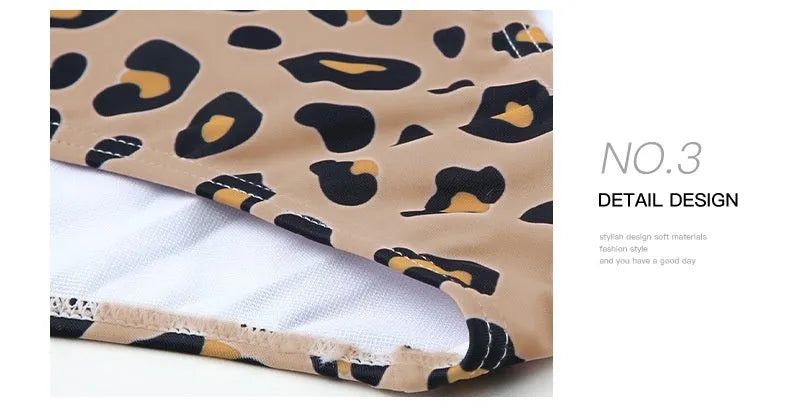 Women's leopard print high waist one-piece swimsuit with asymmetric collar, shown sleeveless.