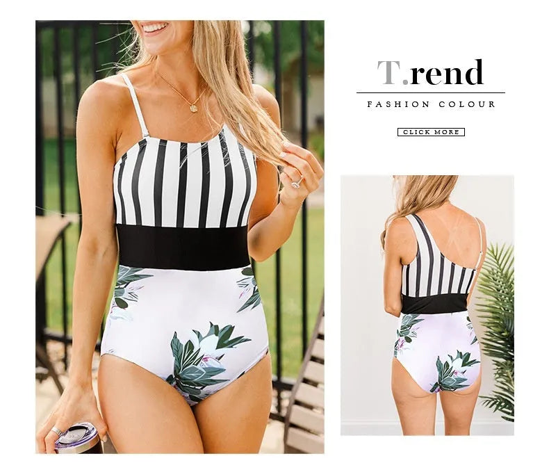 Women's leopard print high waist one-piece swimsuit with asymmetric collar, shown sleeveless.