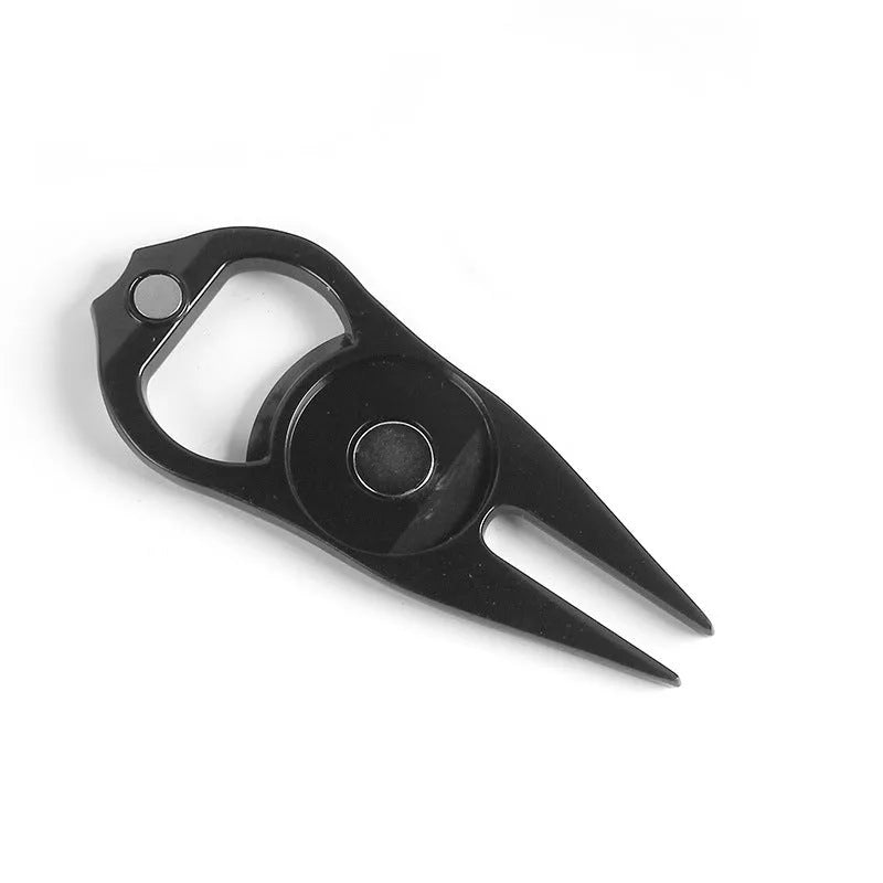 Zinc alloy golf putting tool with ball yoke, turf fork and bottle opener in black green silver options
