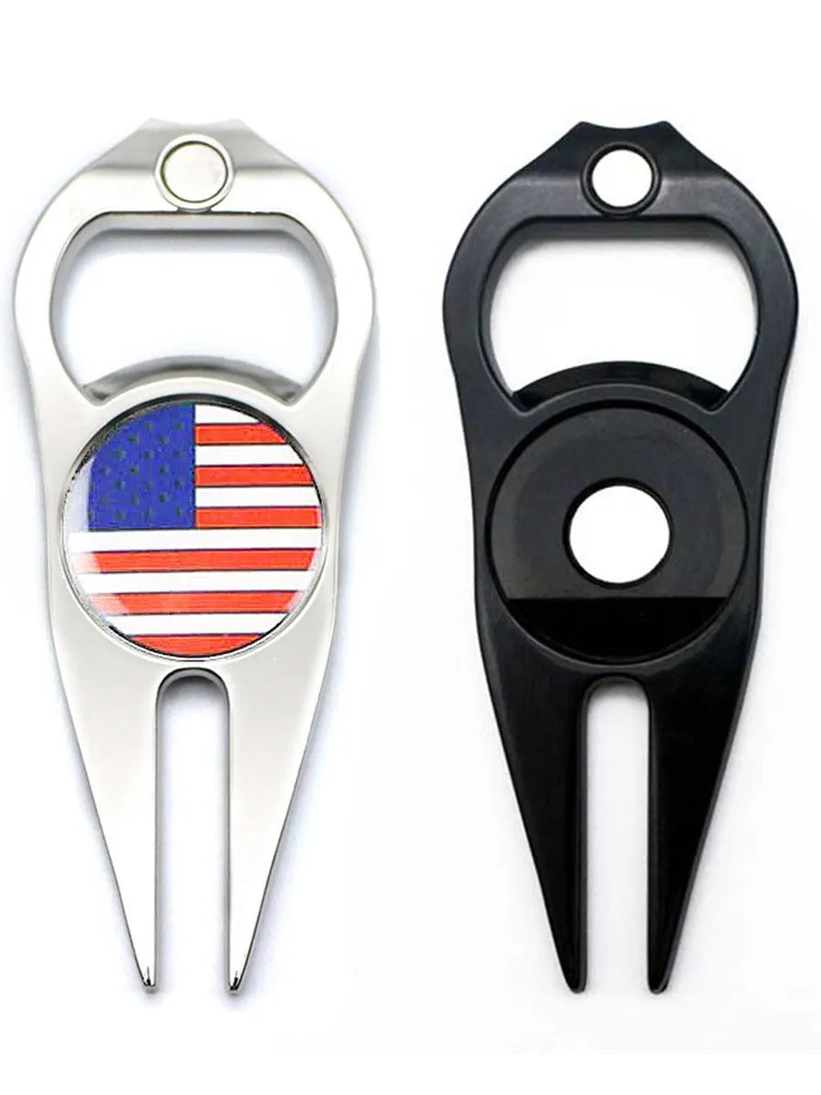 Zinc alloy golf putting tool with ball yoke, turf fork and bottle opener in black green silver options