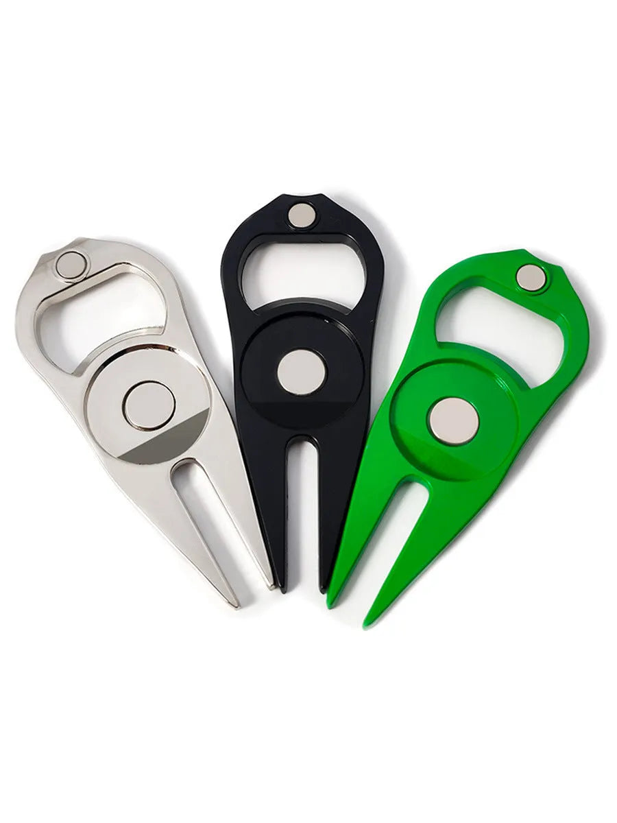 Zinc alloy golf putting tool with ball yoke, turf fork and bottle opener in black green silver options