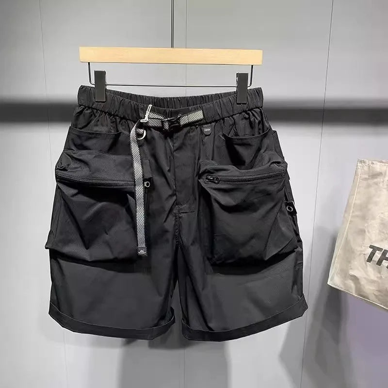 Men's black workwear shorts with multiple pockets and loose fitting design