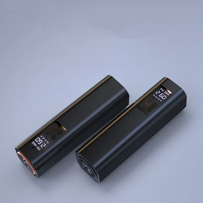 Black super mini digital display car tyre inflator with 12V power cable.