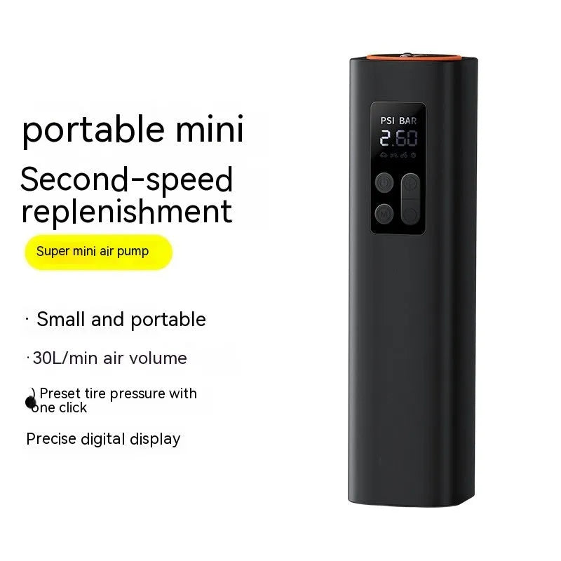 Black super mini digital display car tyre inflator with 12V power cable.