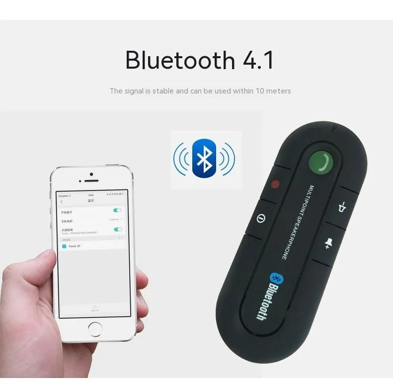 Black vehicle-mounted Bluetooth handsfree unit clipped to a car sun visor, with car charger and cable.