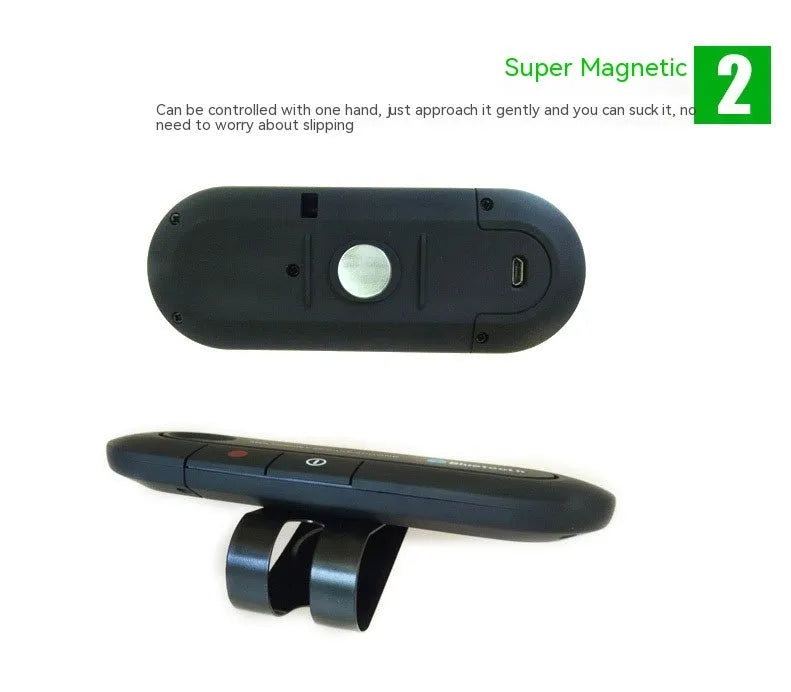 Black vehicle-mounted Bluetooth handsfree unit clipped to a car sun visor, with car charger and cable.