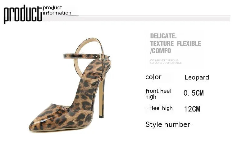 Light brown leopard print stiletto high heels with pointed toe, shallow mouth cut and buckle fastening, sizes 35-42