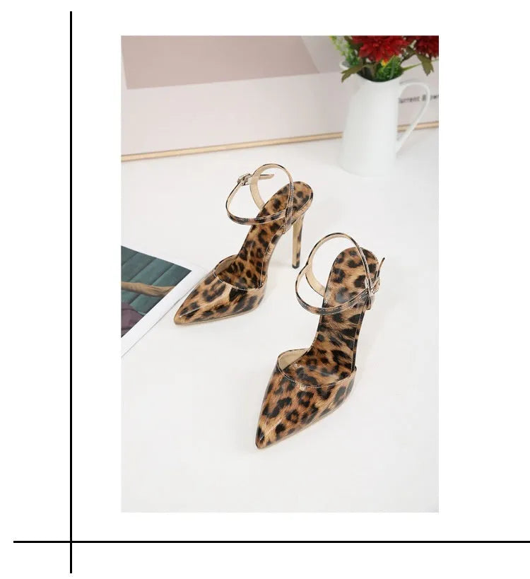 Light brown leopard print stiletto high heels with pointed toe, shallow mouth cut and buckle fastening, sizes 35-42