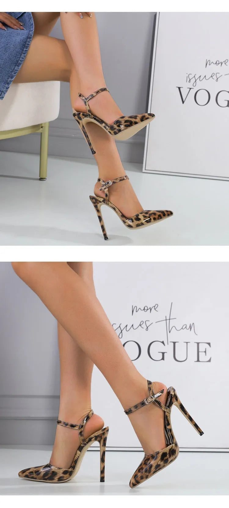 Light brown leopard print stiletto high heels with pointed toe, shallow mouth cut and buckle fastening, sizes 35-42