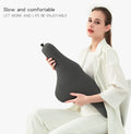 Dark grey car neck memory pillow on a headrest showing its simple rectangular shape.