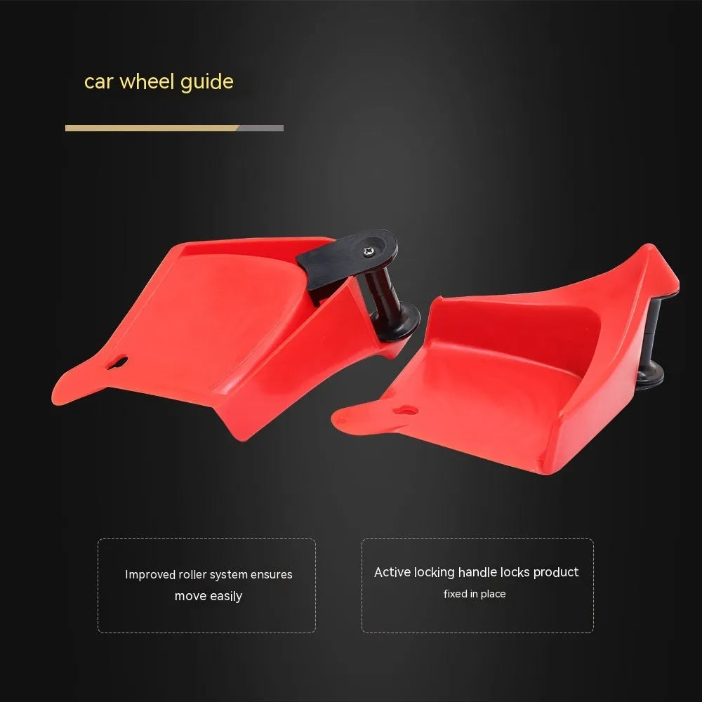 Four red plastic car stop parking blocks with non-slip rubber tread surfaces for tyre guidance