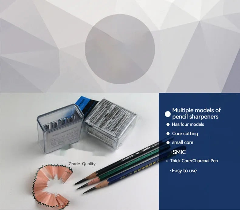 Four-hole pencil sharpener with geometric plastic design and replaceable blade system
