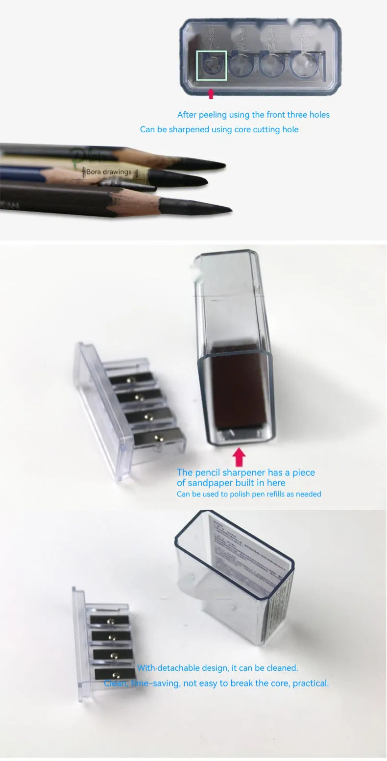 Four-hole pencil sharpener with geometric plastic design and replaceable blade system