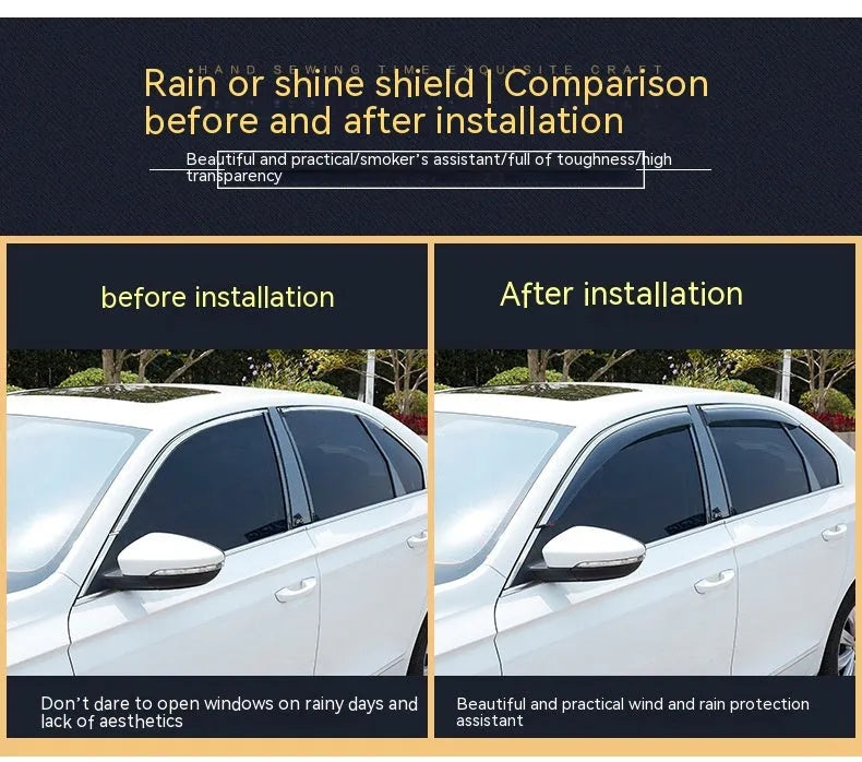 Set of four black PVC rain visors for Jeep Wrangler side windows, suitable for 2007-2021 models.