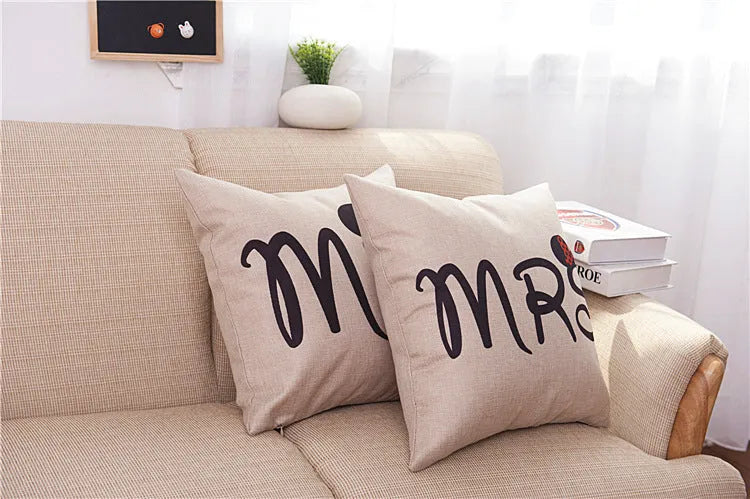 Valentine linen pillowcase cartoon style 45x45cm in MR colour option on sofa