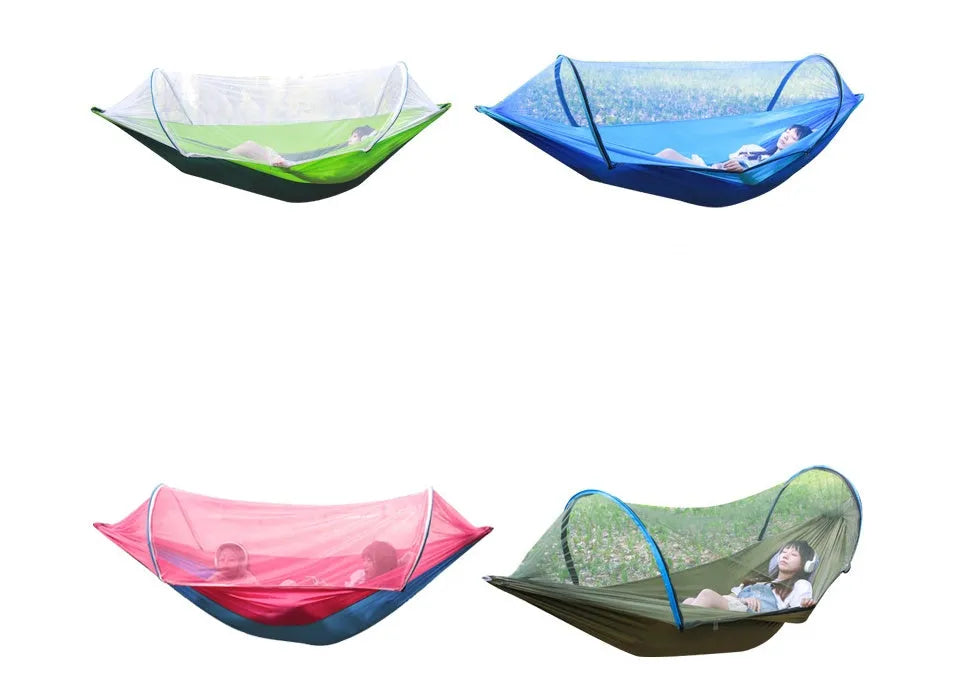 Double hammock bed 260x150cm in Army Green with mosquito-blocking mesh on a camping site
