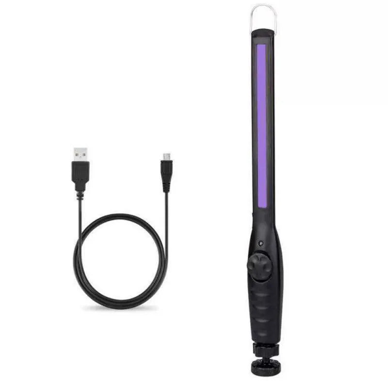 LED work light with 360-degree rotating bracket, 20W, USB rechargeable, ABS plastic, 377x35mm, in Black or Purple.