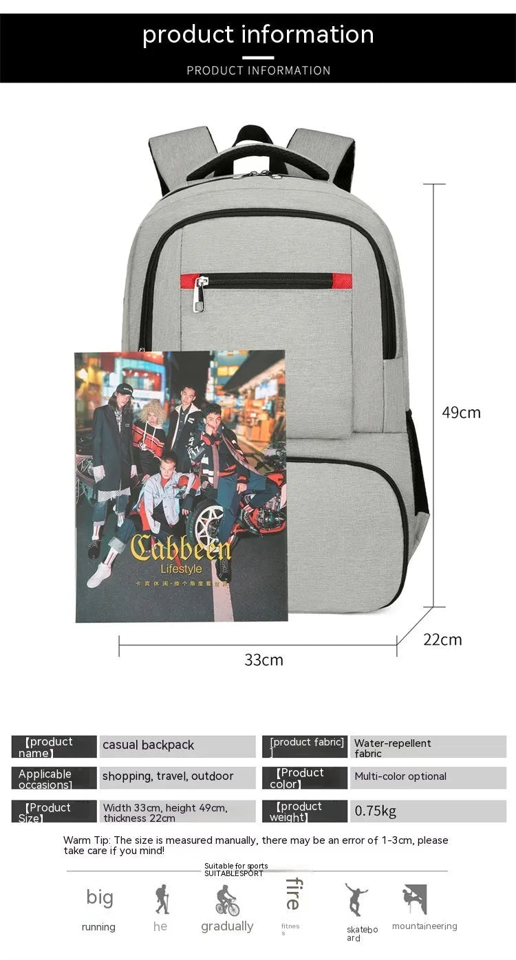 Light grey insulated Oxford cloth backpack with curved shoulder straps and a pull rod belt accessory