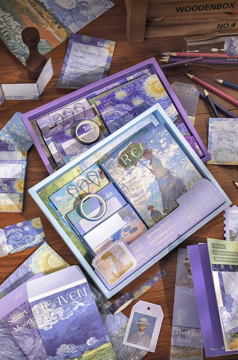 A6 creative journal gift box set with plaid notebook, decorative papers, cards, stickers, and artistic accessories