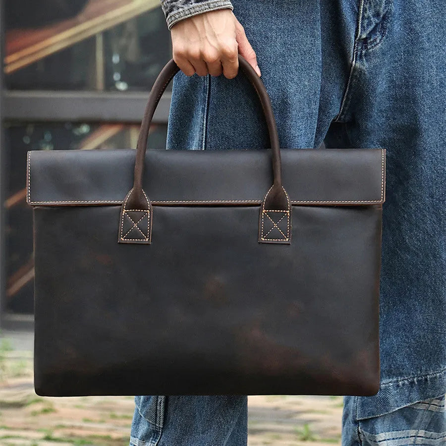 Crazy Horse leather men's handbag thin portable cowhide genuine leather coffee colour business travel