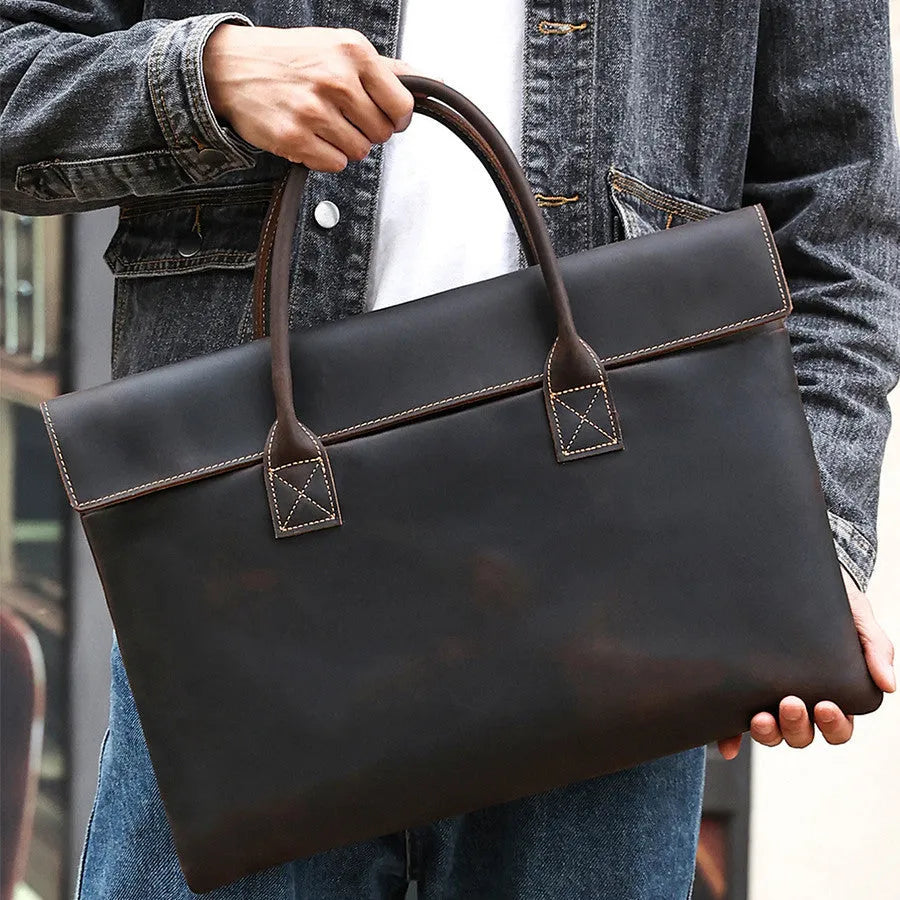 Crazy Horse leather men's handbag thin portable cowhide genuine leather coffee colour business travel