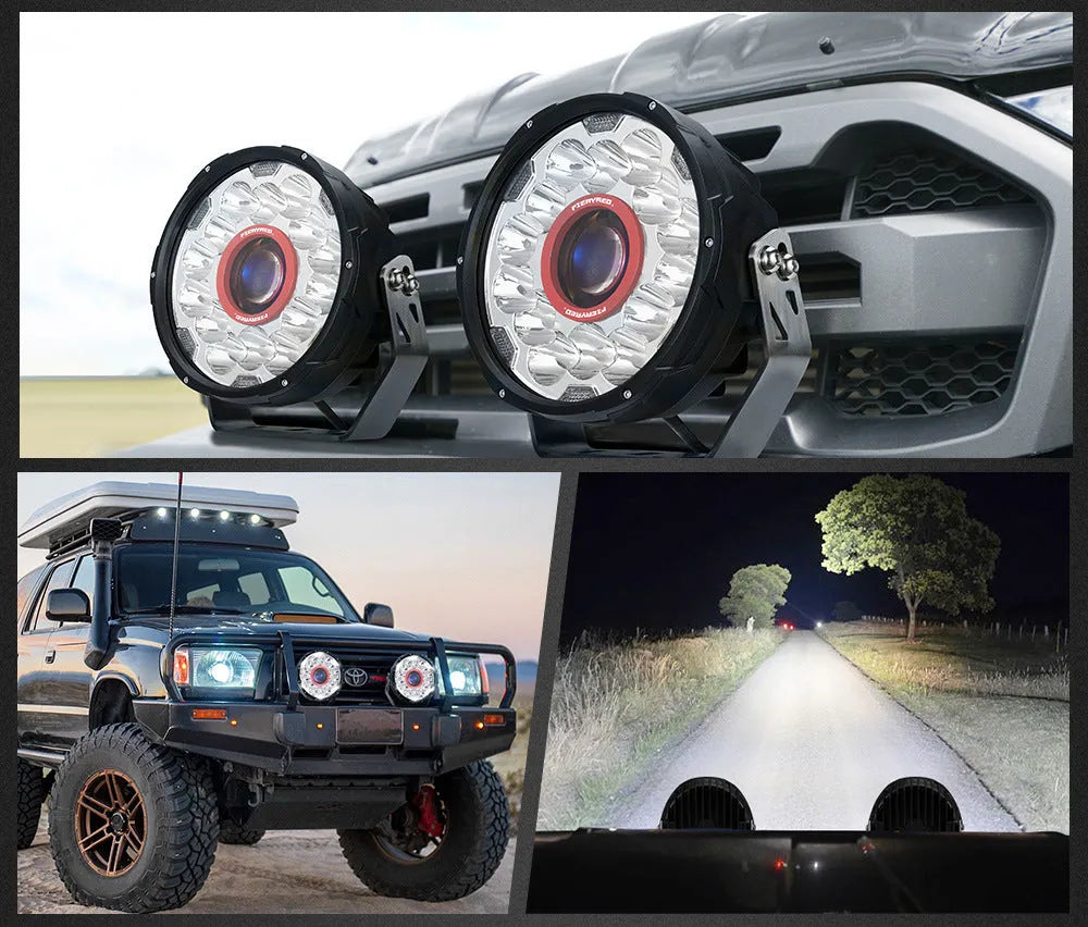 Pair of 7-inch round waterproof LED off-road driving lights for vehicle mounting.