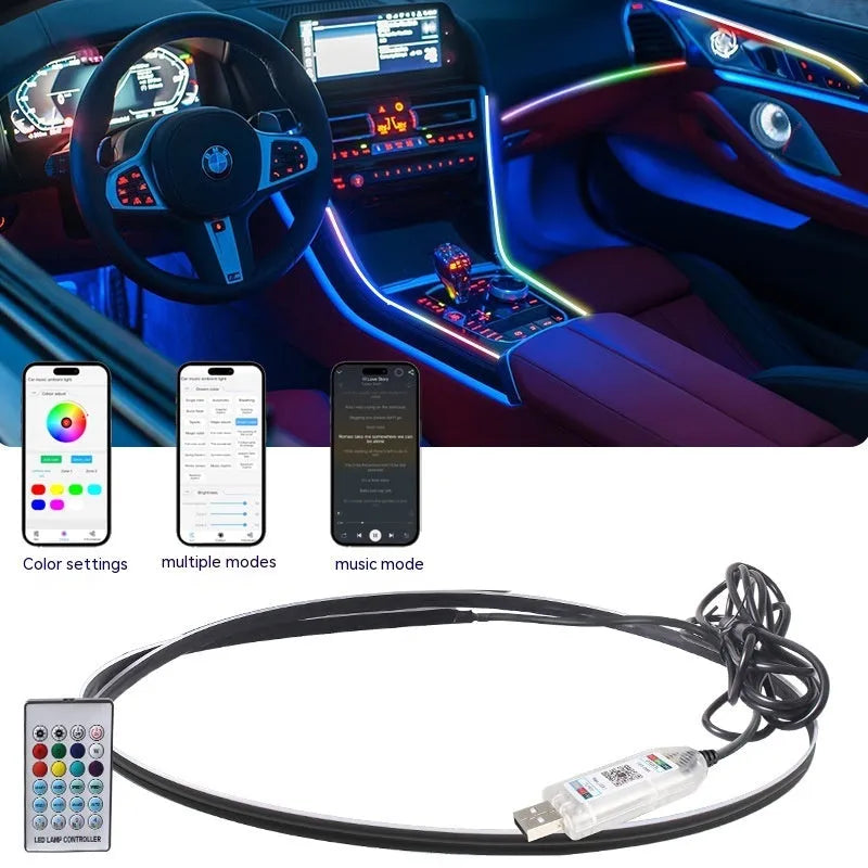 Car interior ambient lighting strip with remote control and USB connection for colour-changing LED effects