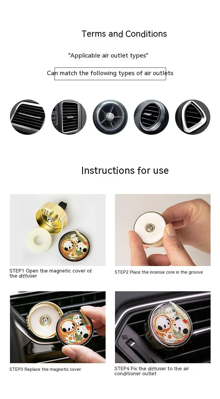 Panda-shaped car air freshener diffuser with changeable fragrance tablets for vehicle odour removal.