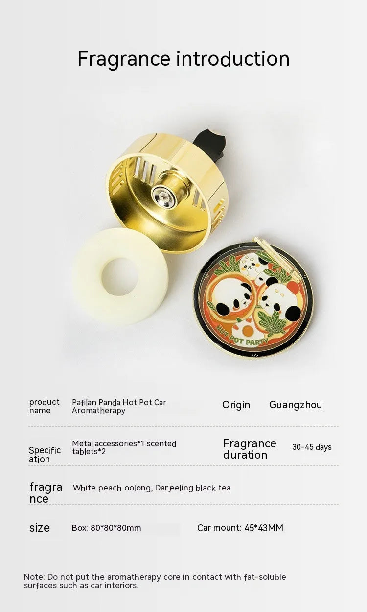 Panda-shaped car air freshener diffuser with changeable fragrance tablets for vehicle odour removal.