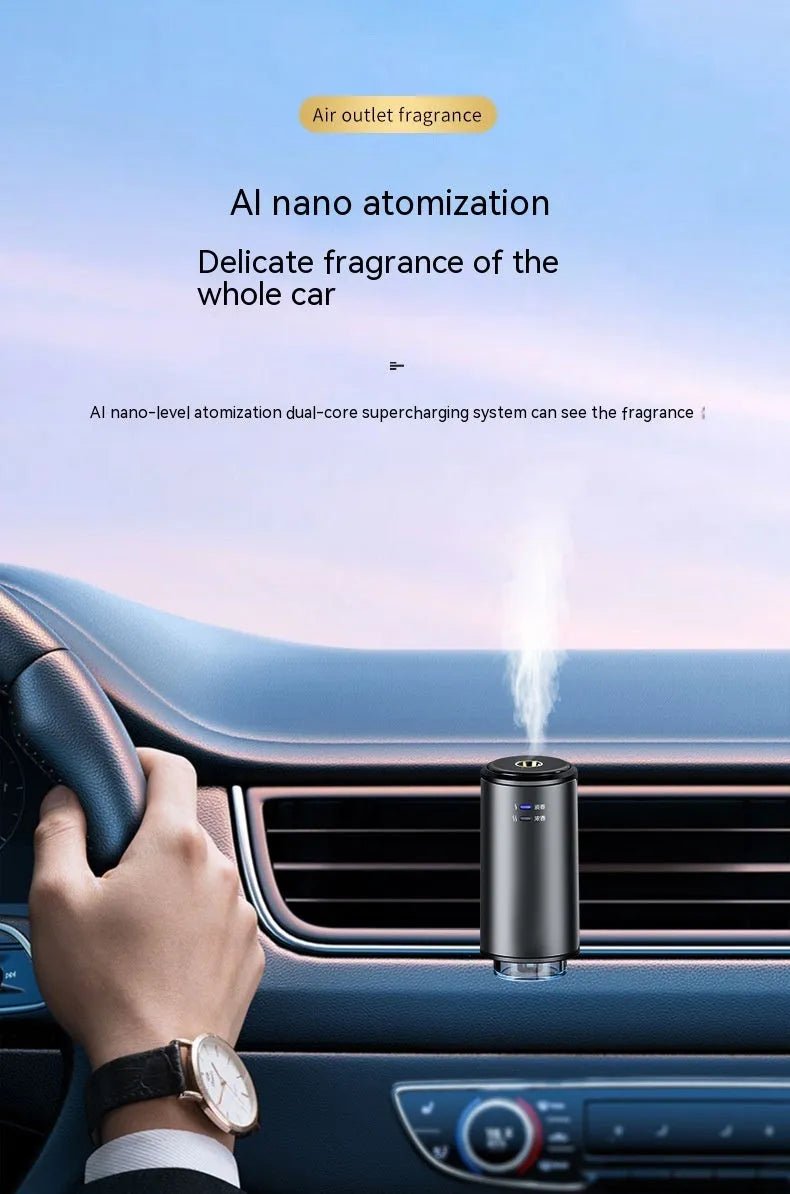 Obsidian black smart car aroma diffuser clipped onto a car air vent