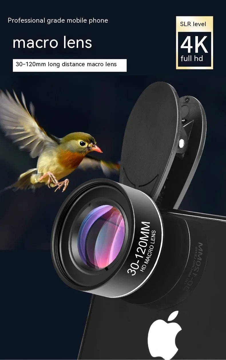 Mobile phone rear macro lens with optical glass and universal clip set on white background