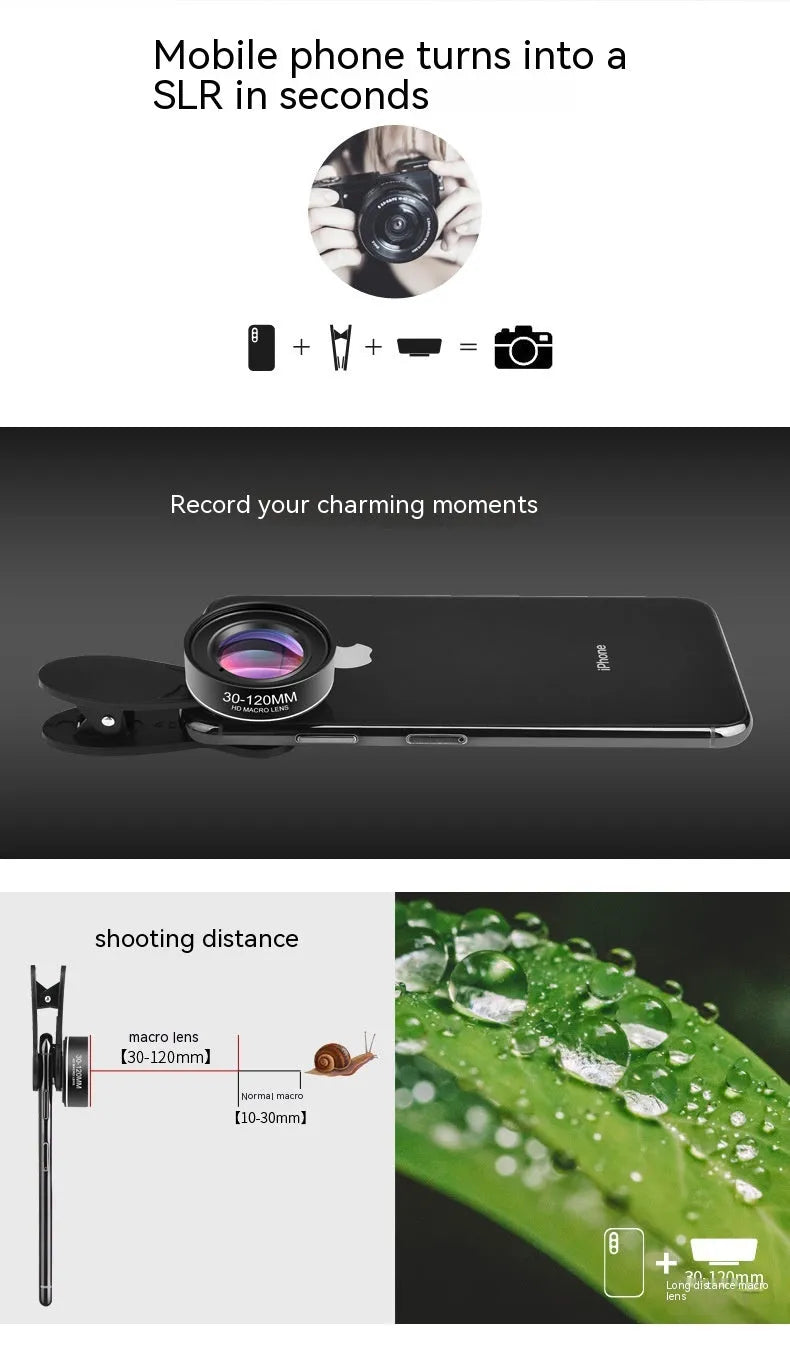 Mobile phone rear macro lens with optical glass and universal clip set on white background