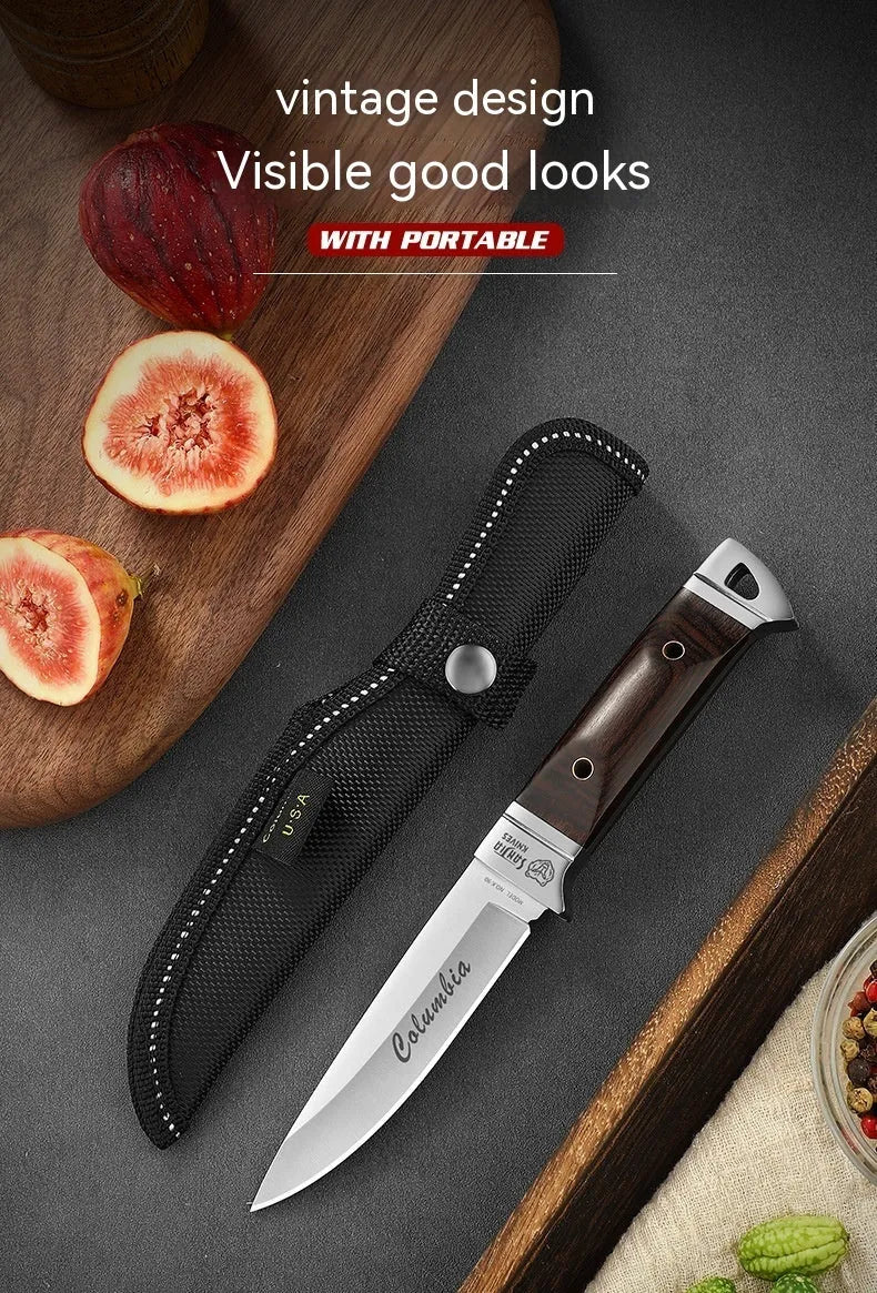 National style stainless steel camping fruit knife shown with its leather protective case.
