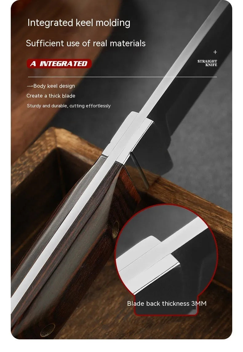 National style stainless steel camping fruit knife shown with its leather protective case.